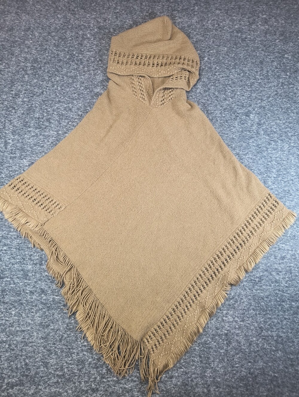 Tan fringed knit hooded poncho, one size
